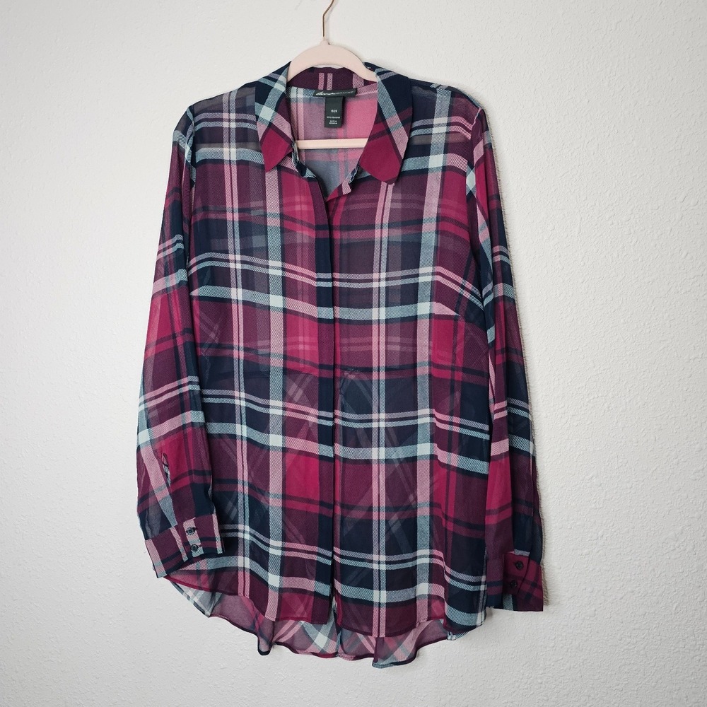 Lane Bryant Magenta Navy Plaid‎ Sheer Button Down Blouse Plus Size 18/20